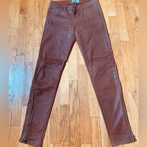 Paige Transcend Luxe Coated Denim Skinny Jeans Sz 25 with Zippered Ankle, Brown